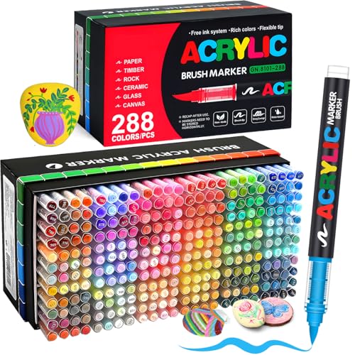 Lot de 288 Acrylic Paint Pens · Marqueurs Acryliques à Pointe Pinceau · Stylo Peinture Acrylique Adulte · Encre à l'Eau pour Surfaces Multiples : Pierre, Verre, Tissu, Bois, Toile · Idée Cadeau