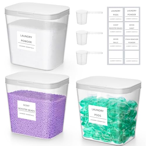 Lifewit 3 Pack Laundry Pods Container with Labels, Scoops and Press-and-Pop Lid, Detergent/Powder/Capsule/Pot/Washing Tablets Storage Holder for Laundry Room, Bathroom, Kitchen Organisation