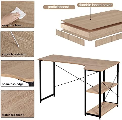 WOLTU Computer Desk Light Oak+Black Office Desk Workstation L-Shaped Study Writing Desk Computer PC Laptop Table Workstation Dining Gaming Table for Home Office TSB06hei