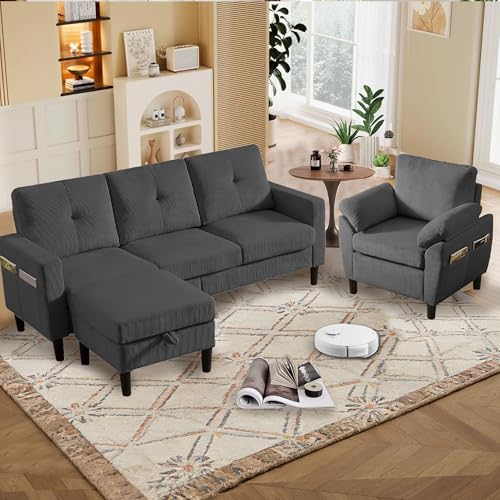 Image of 3 Pieces Sofa Set for Living Room with Sofa, Storage Ottoman and Single Chair