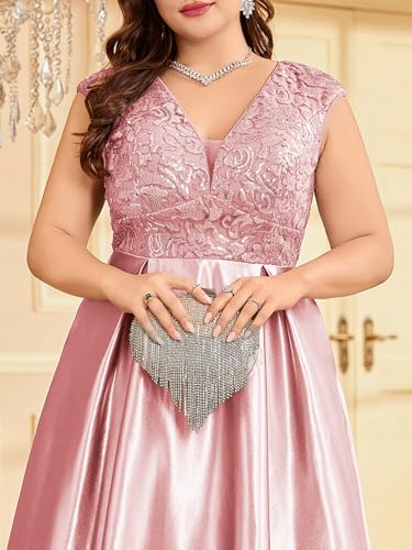 Image of Plus Size Satin Mother of the Bride Formal Gown for Wedding Sleeveless V-Neck Evening Dress