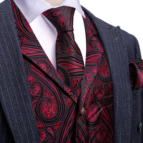 Image of Barry.Wang Mens Silk Lapel /Shawl Collar Vest Tie Sleeve Holder Set Formal /Casual Paisley Vests Wedding Tuxedo Waistcoat