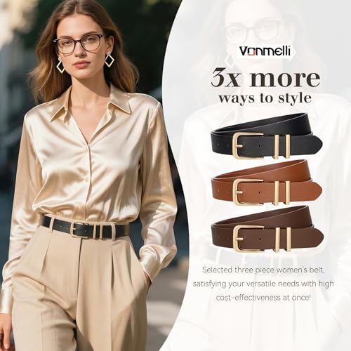Image of VONMELLI 3 Pack Women's Belts for Jeans Pants Fashion Gold Buckle Ladies Dress Belt