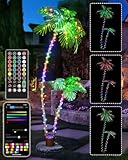 7FT Smart LED Artificial Palm Tree with App Control - DIY Color Changing Outdoor Palm Tree with Music Sync, Timer & Remote - Waterproof Pre-Lit Tropical Decor for Patio Pool Party Tiki Bar, 2 Trunks
