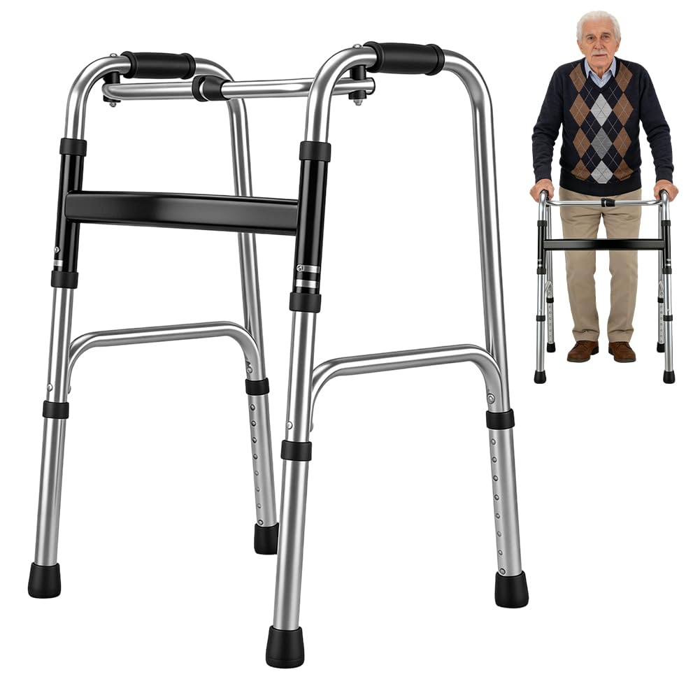 Deambulatore pieghevole senza ruote, altezza regolabile, in alluminio, antiscivolo, impugnatura ergonomica (argento, 4 piedini in gomma)