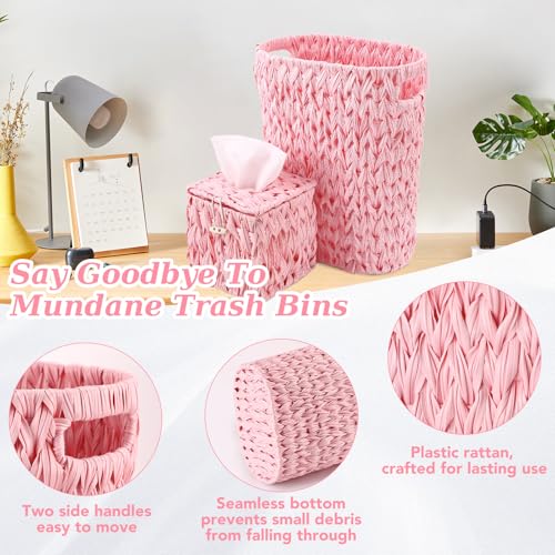 Image of BSSN Wicker Trash Can and Square Tissue Box Cover, 4 Gallon Water Hyacinth Bathroom Trash Can, Handwoven Napkin Holder, Narrow Small Waste Basket, Rustic Decorative Home Set for Bedroom,Office (Pink)