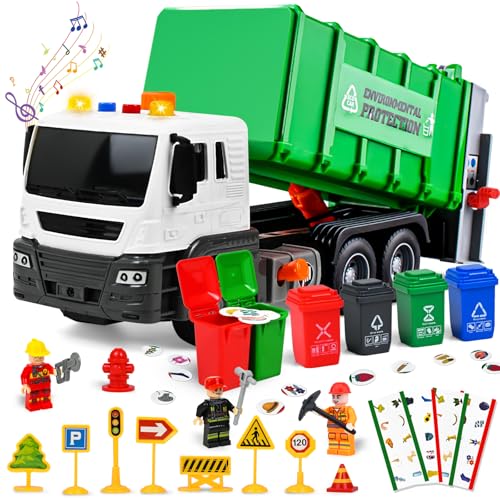 Joellfuner Camion dei Rifiuti Giocattolo, Camion Spazzatura, Immondizia con Cestino Luci e Suoni, Set di Giocattoli per della Spazzatura, Regali per Bambini di Età Superiore ai 3 Anni (Verde)
