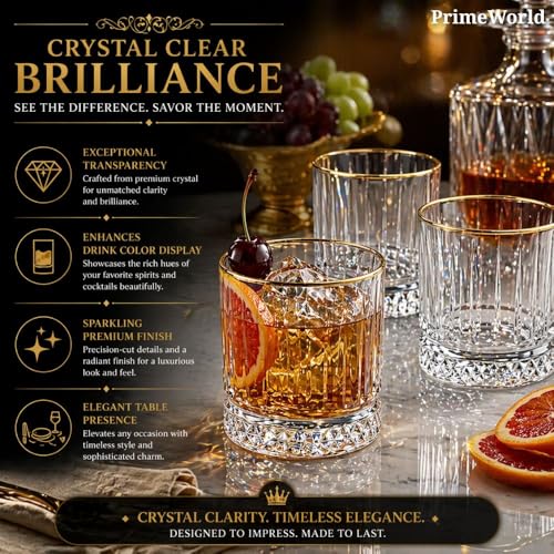 Image of PrimeWorld Timeless Gold Rim European Crystal Whiskey Glasses Set of 6 pcs- 355 ml Bar Glass for Drinking Bourbon, Whisky, Scotch, Cocktails, Cognac- Old Fashioned Cocktail Tumblers