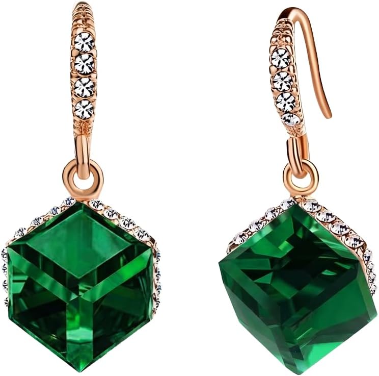 Austrian Crystal Cube Drop Dangle Earrings for Women 14K Gold Plated Hypoallergenic Jewelry
