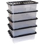 CrazyGadget 5 x 32L 32 Litre Large Underbed Plastic Storage Clear Box Strong Stackable Container - Made In U.K. (Black)