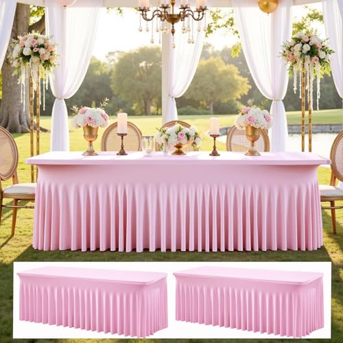 Image of 2 pk Baby Pink Spandex Tablecloth 8ft With Ruffled Table Skirt, Wrinkle Free Stretchy Fitted Tablecloths for 8 Foot Rectangle Tables, Elastic Spandex Table Covers for Weddings Parties Banquet