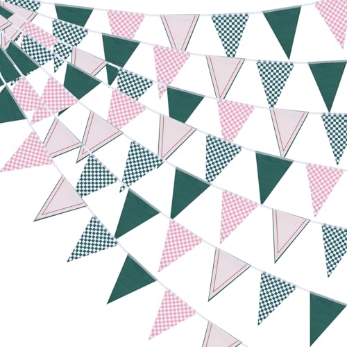 Image of VitalCozy 32ft Camp Bachelorette Decoration Pink Green Gingham Banner Summer Camping Triangle Bunting Banners Sage Plaid Pennant Flag for Wedding Picnic Bridal Birthday Baby Shower Party Decor