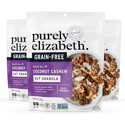 Image of Purely Elizabeth Coconut Cashew Keto Granola, Made with Nuts and Seeds, Grain-Free, Gluten-Free, Non-GMO (3 Ct, 8oz Bags)