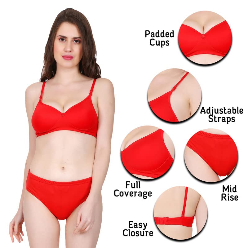 Image of Women's Spandex Cotton Padded Lingerie Bra Panty Set Full Coverage S to 3XL