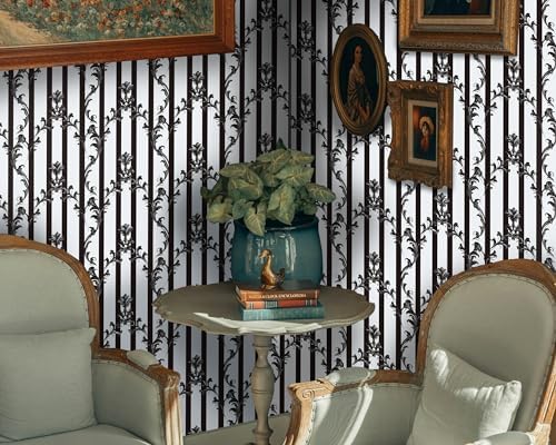 FLFK Striped Peel and Stick Wallpaper Black and White Victorian Wall Paper for Shelf Cabinet Drawers Countertops Decor 16in x 64in(40cm x 162cm) — view 5