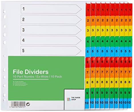 [10 Pack] A4+ File Dividers Extra Wide Numbered 1-10 A4+ Extra Wide Subject Dividers 10 Part with Numbers Multipunched Reinforced Colour Tabs 150gsm
