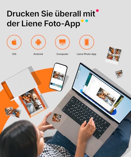Liene Amber M110 Mini Fotodrucker für Smartphone – inkl. 60 Blatt 10x15 cm Fotopapier + 20 Blatt 7,7 cm Selbstklebende Fotos + 2 Farbbänder – Thermosublimation, Bluetooth, für iPhone & Android
