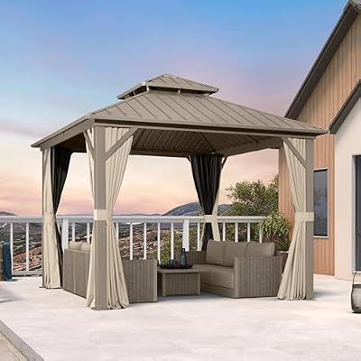 PURPLE LEAF 10' x 10' Hardtop Gazebo, Champagne Outdoor Aluminum Gazebo with Galvanized Steel Double Roof, Curtains and Netting for Patio Lawn and Garden