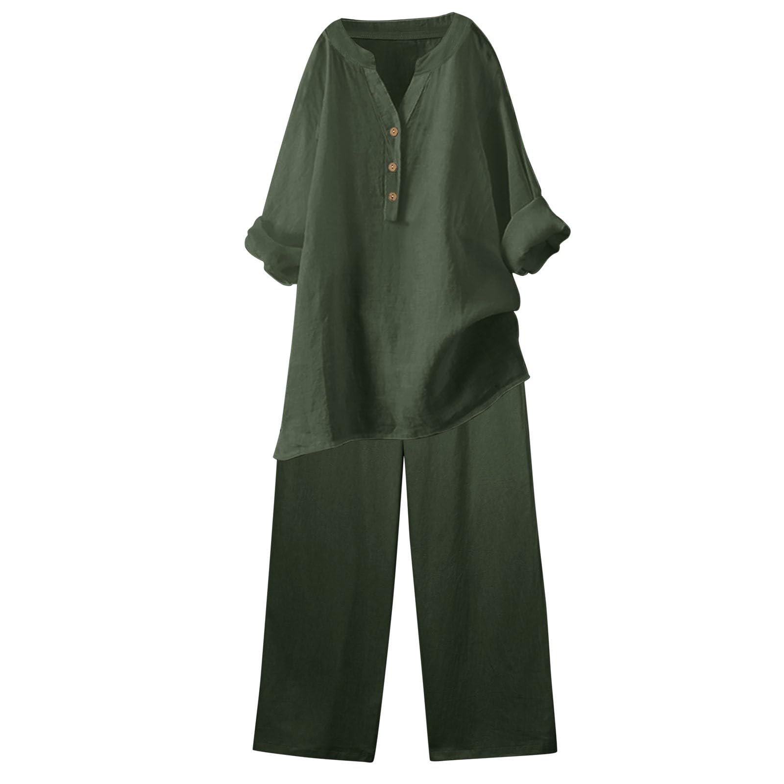 Set da donna, pantaloni e top fluido, vestito sportivo di grandi dimensioni, tinta unita, maniche lunghe, scollo a V, camicetta e vita con lacci dritti, pantaloni casual a taglio ampio primavera