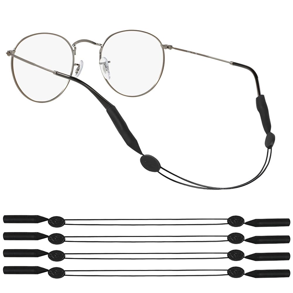 SLIVERBA 4 piezas Ajustables para Gafas Deportivas, Cordón Antideslizante para Gafas con Hebilla para Leer Correr Acampar Ir de excursión Hacer Deportes, para Mujeres, Hombres y Niños (Negro)