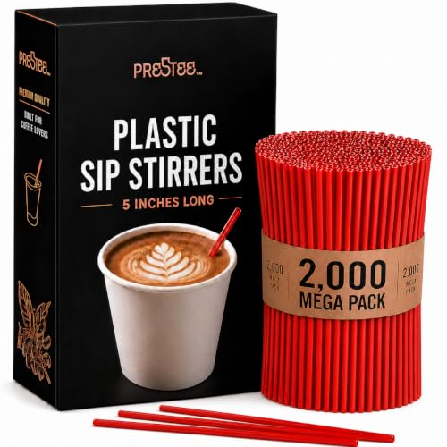 Prestee 2000 Count Red Coffee Stirrers - 5 Inch Plastic Stir Sticks for Hot and Cold Beverages - Disposable Coffee Straws for Drinks, Tea, and Cocktails - Bulk Slim Stirrer for Coffee and Bars
