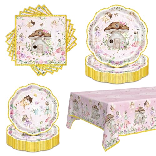Fairy Party Decorations Tableware Set, 61PCS Fairy Garden Birthday Plates Napkins and Tablecloth, Fairy First Birthday Decorations for Girls, Enchanted Forest Party Supplies, Serves 20 Guests
