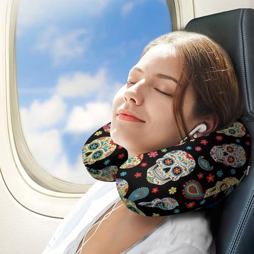Image of Cute Decorative Travel Neck Pillow Memory Foam Chin Cushion Vintage Paisley Sugar Skull, Washable Cover for Women Airplane Car Home Sleeping Rest