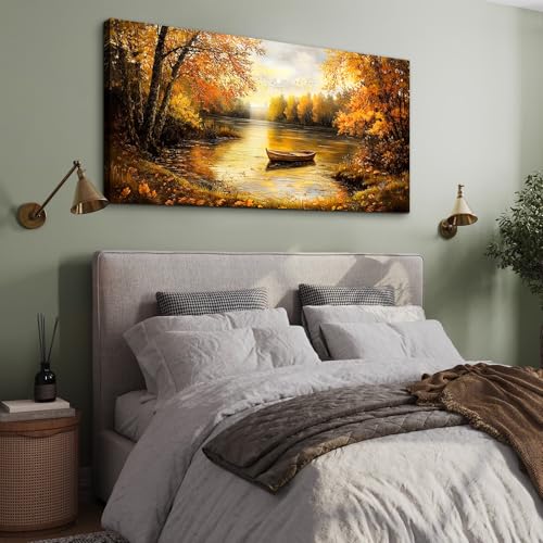 SERIMINO Fall Wall Art, Landscape Wall Art, Large Wall Decor, Lake Boat Forest Canvas Art Prints, Gold Autumn Nature Pictures, Rustic Paintings for Living Room Bedroom Dining Room Office Farmhouse 30"X60"