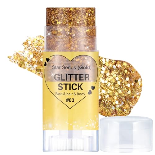Prreal Body Glitter,Mermaid Sequins Glitter Stick Face Sparkling,Chunky Holographic Hair Glitters,Lips Nails Festival Rave Halloween Makeup, 03 Gold