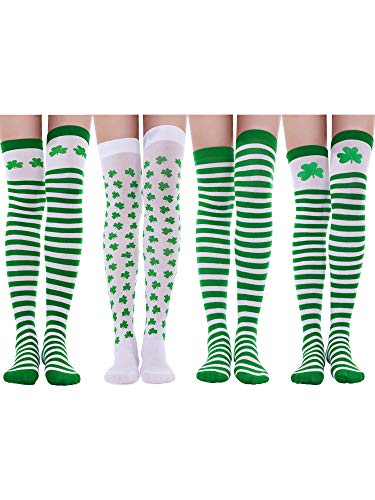 Jovitec 4 pares de calcetines altos de trébol de trébol para el día de San Patricio, a rayas blancas y verdes, para disfraz, 4 estilos -  Multi color -  M
