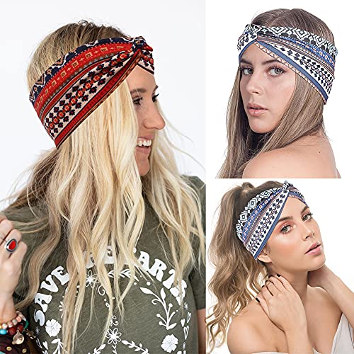 Marchqueen Boho Headbands For Women Vintage Print Wide Headband Stretchy Twisted Hair Bands Criss Cross Turban Headwrap Cute Hair Accessories (Boho-6Pcs) #TOP1