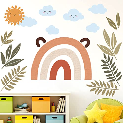 Tanlaby große Regenbogen Wandtattoo Boho Pastell Regenbogen Sonne Wolken Wandsticker einfache Pflanzen Wandaufkleber für Kinder Babyzimmer Wohnzimmer Schlafzimmer Kinderzimmer Hause Wanddekoration Cover