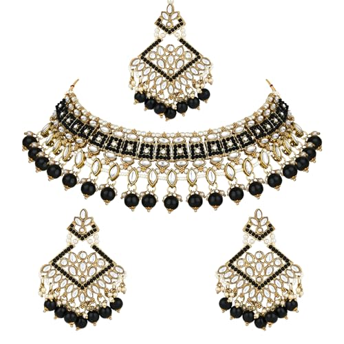 I Jewels Gold Plated Kundan Pearl Drop Choker Necklace Jewellery & Dangle Earrings Set For Women (K7273)