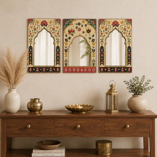 American Elm Mughal Arch Floral Mirror Wall Decor Set of 3 Indian...