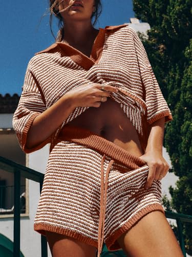 Image of Tankaneo Womens Sweater Set 2 Piece Outfits Oversized 3 /4 Sleeve V Neck Knit Tops High Waisted Shorts Lounge Sets