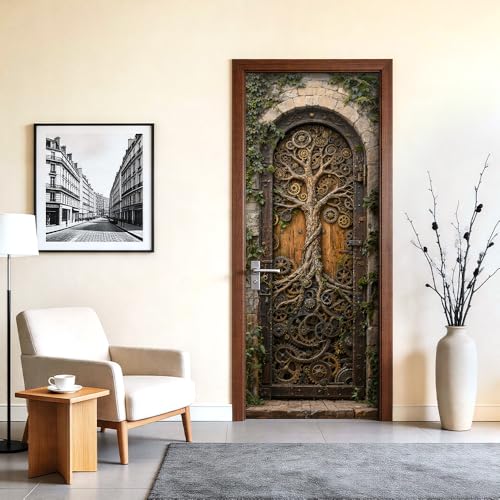 Steampunk Gear Tree Door Mural Peel and Stick, Industrial Door Cover