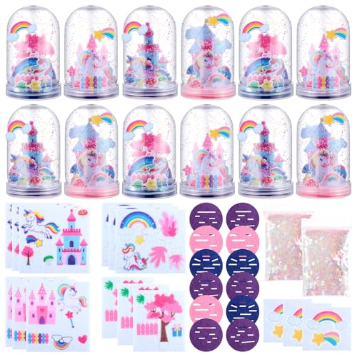 Yuntau 12 Set Unicorn Snow Globe Craft Kits Make Your Own Plastic Glitter Snow Globes Rainbow Castle Unicorn Crafts Bulk for Home DIY Activities Birthday Party Favors