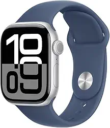Apple Watch Series 10 GPS • Caixa prateada de alumínio – 42 mm • Pulseira esportiva denim – P/M