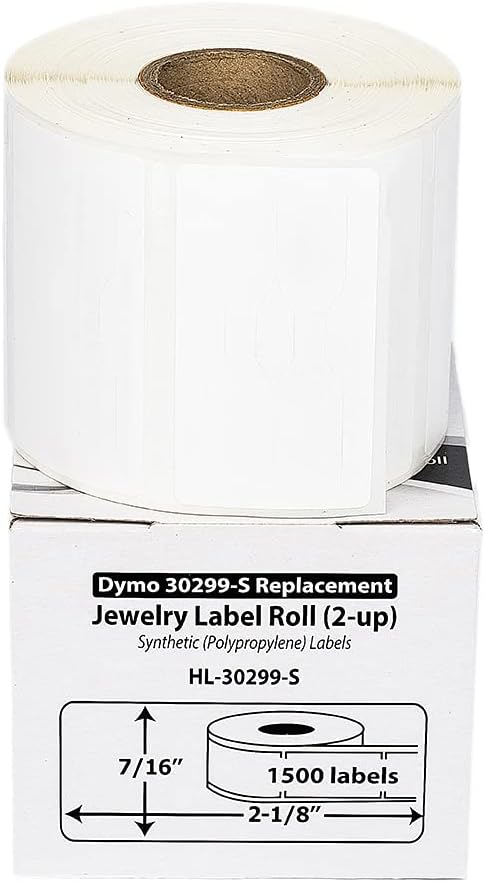 HOUSELABELS Compatible DYMO 30299 Jewelry Labels (7/16" x 2-1/8") in Polypropylene, Strong Permanent Adhesive, Compatible with DYMO LW 450, 4XL, Rollo & Zebra Desktop Printers, 12 Rolls /18000 Labels