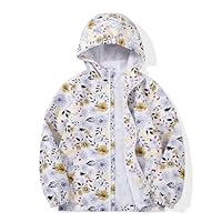 JOYSON Girls Rain Lightweight Jacket Waterproof hooded Windbreaker Jacket for Kids Outdoor Softshell Raincoat with Mesh Lining White Flower Print 11-12 Years
