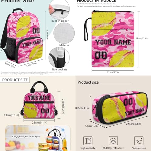 Personalized Softball Print Backpack for Girls Pink Camouflage School Bag Kids Backpack Set Daypack with Lunch Bag, Pencil Case and Book Cover2