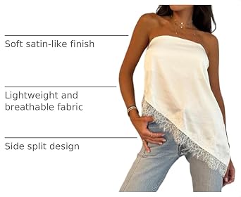Women Satin Lace Tube Top White Silk Asymmetrical Strapless Summer Outfits
