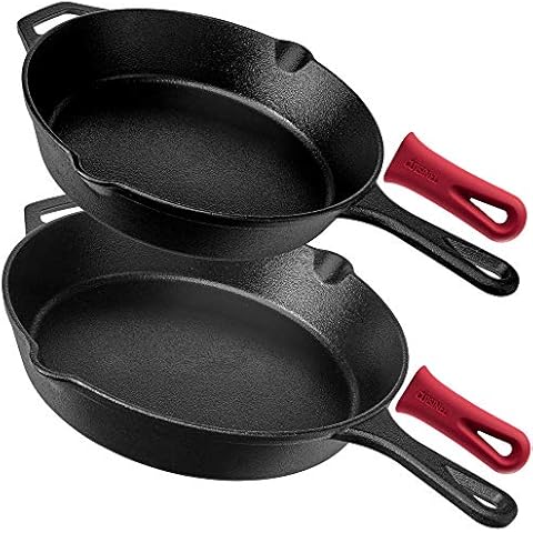 Cast Iron Skillet Set - 10"+12"-inch / 25.4cm + 30.48cm + 2 Silicone Handle Holders - Pre-Seasoned Oven Safe Cookware - Indoor/Outdoor - Grill, Stove Top and Induction Safe Cover