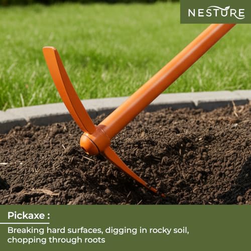 Image of 3 Pcs Gardening Tool Set | Heavy Duty Pickaxe, Hoe & Prong Hoe for Digging, Soil Loosening | Gardening Tools Kit for Home Garden (Orange)
