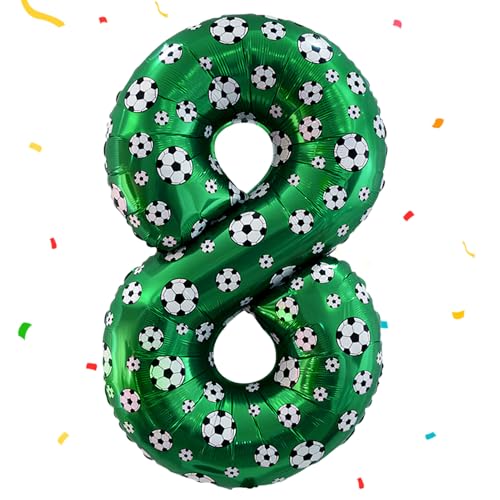 Balões de futebol com números (8 aniversários), balão de folha número 8 verde, 40 polegadas hélio balões, decoração de aniversário de futebol para decorações de festas, aniversários de meninas e