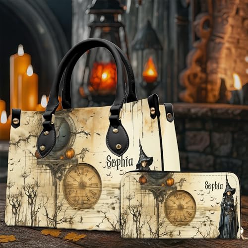 Personalized Witchy Halloween Leather Bag - Custom Name Witch Art Spooky Vintage Handbag Tote Purse with Wallet for Women2
