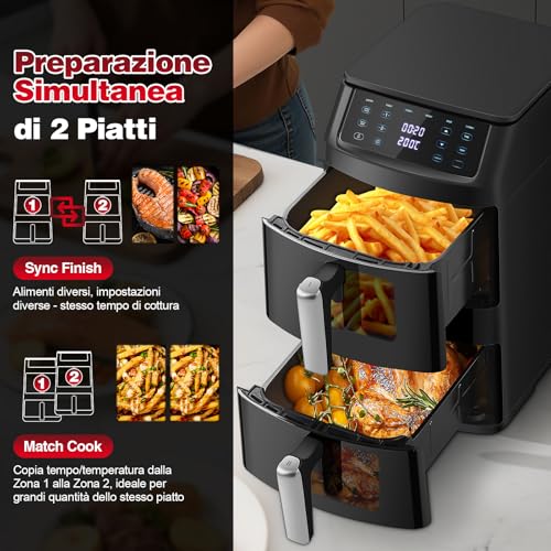 TopStrong Friggitrice ad Aria Doppio Cestello, 11 Litri Air Fryer Verticale 2 Cestelli con Finestra, 40-220℃, 6 Funzioni, Compatta, 2500W, Fino a 8 Persone, Componenti Lavabili in Lavastoviglie - Immagine 2