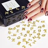 Sevgob 52pcs Gold Letters Nail Charms 3D Alloy English Alphabet Stud Nail Diamonds with Rhinestones Design Letter Capital Nail Gems for Women Girls Acrylic Nails Decoration Supplies Making Crafts