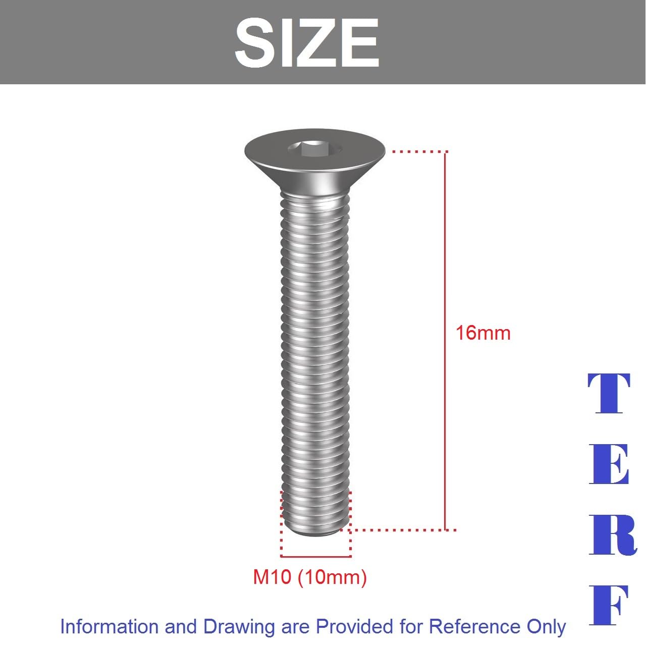 TERF® M10 X 16mm Hex Socket Countersunk Machine Screws Stainless Steel A2 (304) Machine Screw M10 (10mm) X 16mm Allen Key Hexagonal Socket Countersunk Bolts - Image 3