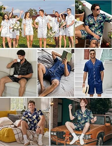Ekouaer Men Pajama Set Short Sleeve Big and Tall Pjs Comfy Silk Sleepwear Satin Lounge Set with Pockets,Light Blue,XL - Image 5